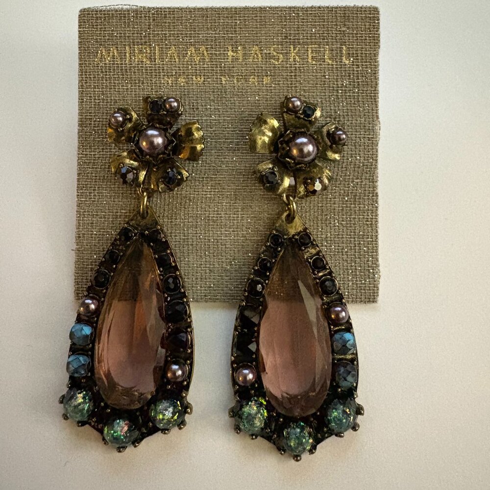 Miriam Haskell Nocturn Collection statement teardrop floral stud earrings NWT